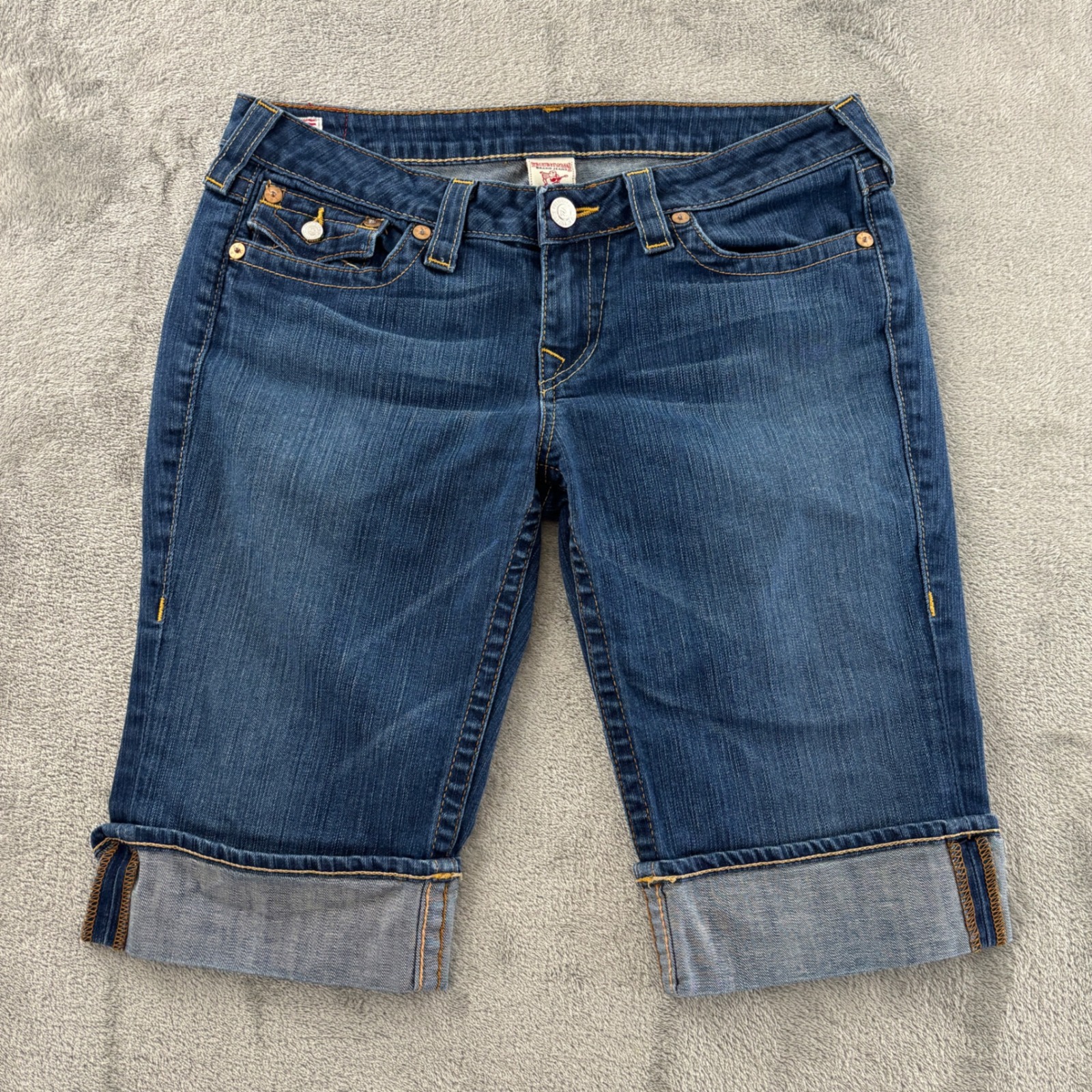 True Religion Sophie Cuffed Bermuda Shorts Womens 32 Blue Denim Wq1433bcs Usa